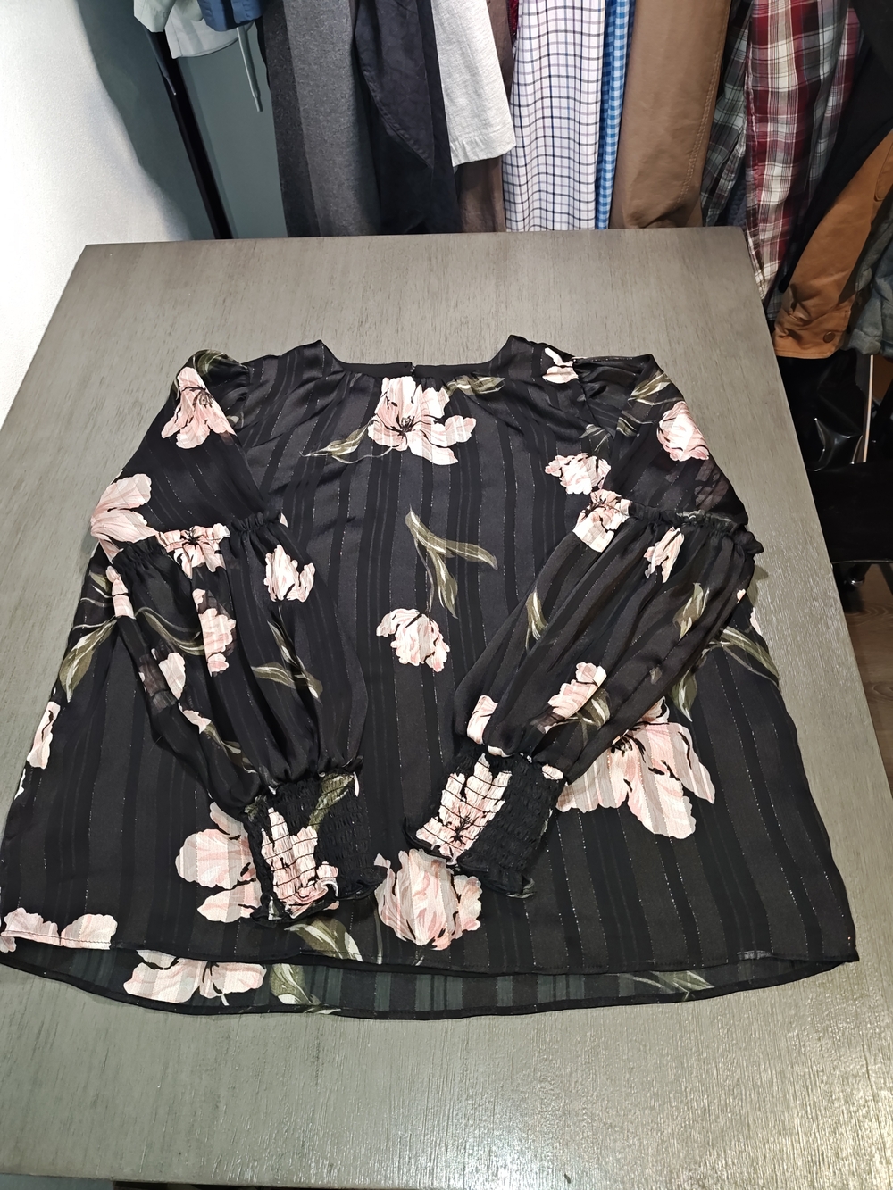 CeCe Black Floral Sheer Top with Pink and Green Accents